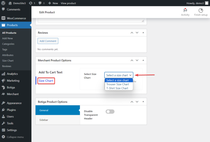 Size chart tab on a WooCommerce product page inside the Merchant Product Options section