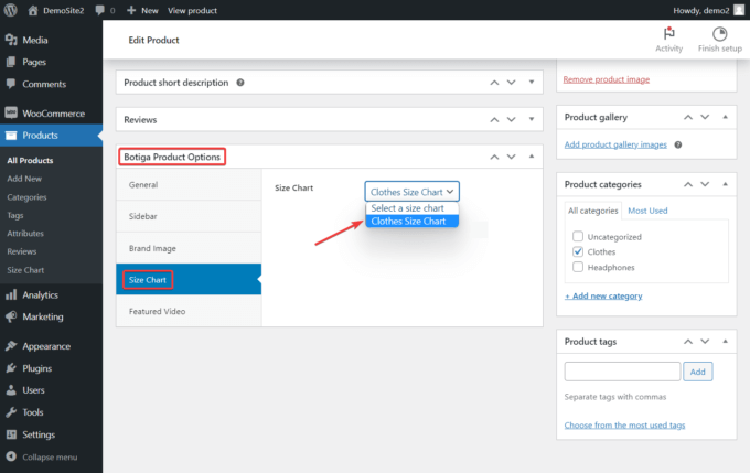 Size Chart dropdown option on a single product page