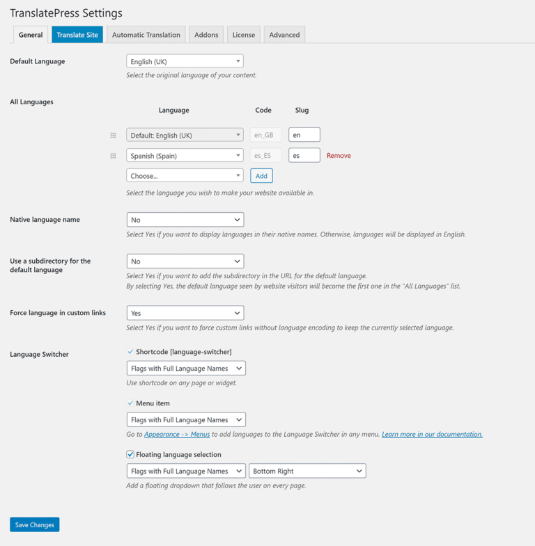 TranslatePress General Settings