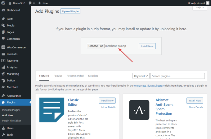 Upload Plugin screen in the WordPress admin area with the Merchant Pro plugin