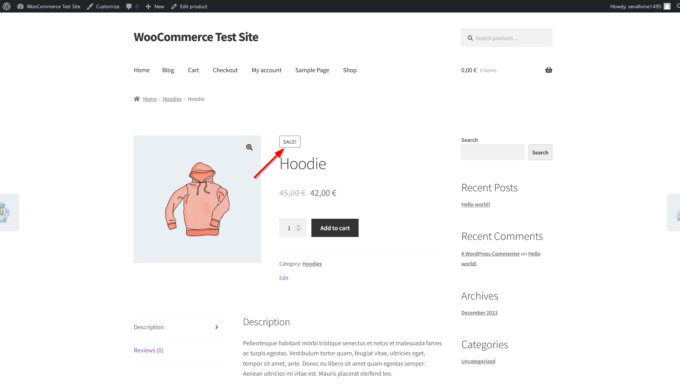 Default sale tag added automatically to a WooCommerce product page