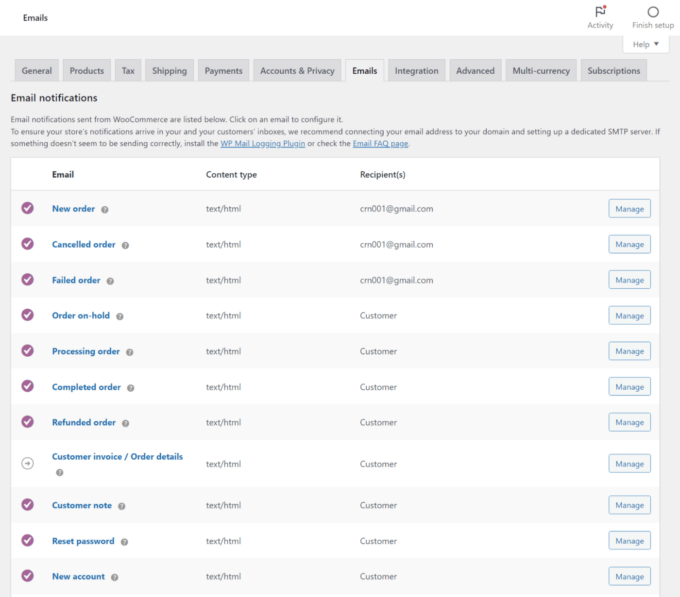 WooCommerce email settings