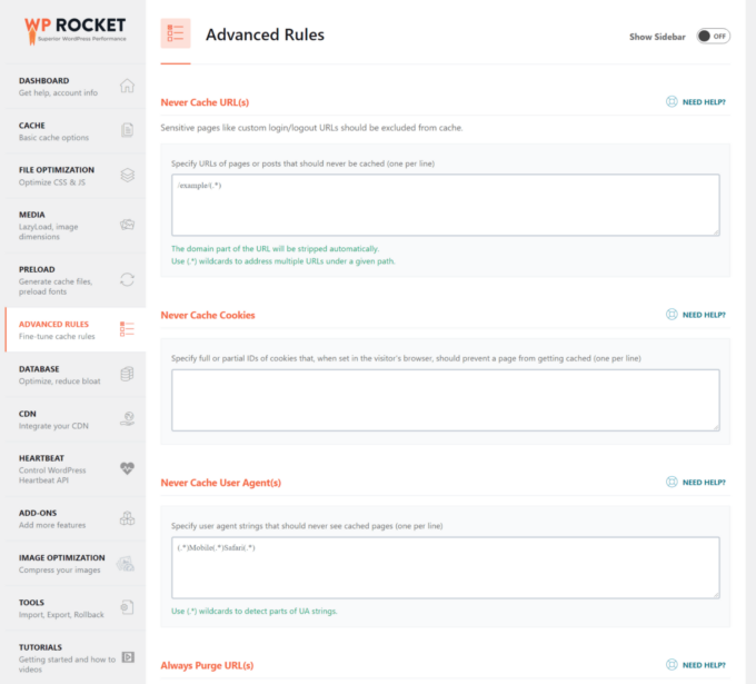 WP Rocket advanced rules