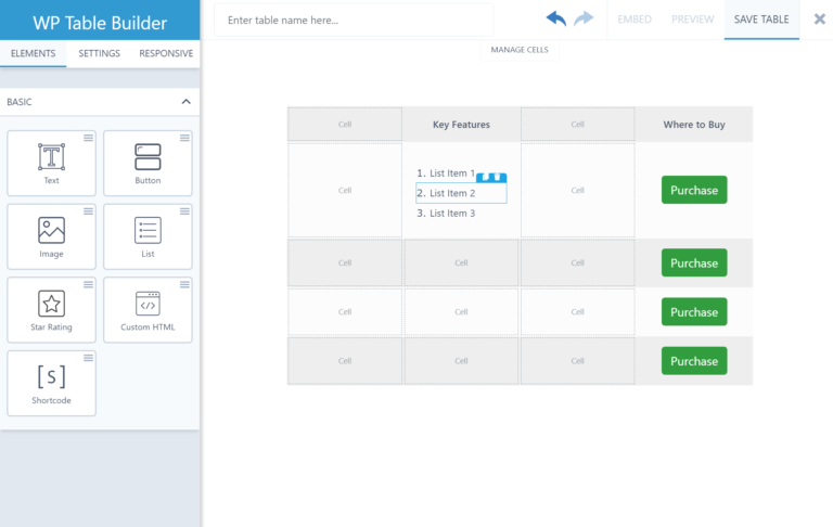 WP Table Builder editor