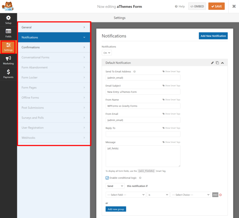 WPForms settings