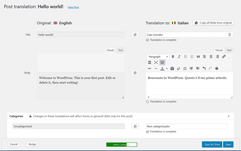 Translating English to Italian in WPML